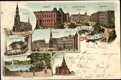 Litho Zwickau in Sachsen, Marienkirche, Albertplatz, Schwanenteich, Moritzkirche