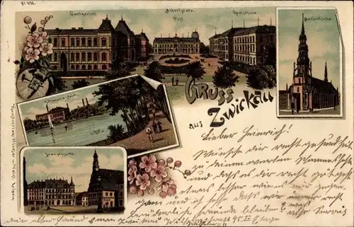 Litho Zwickau in Sachsen, Landgericht, Albertplatz, Post, Realschule, Markt, Marienkirche, Teich