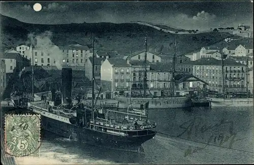 Mondschein Ak Port Vendres Pyrénées Orientales, Ankunft der Madjerda d'Oran