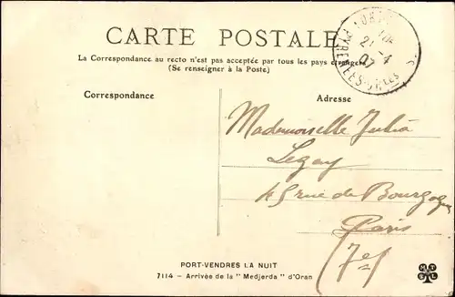 Mondschein Ak Port Vendres Pyrénées Orientales, Ankunft der Madjerda d'Oran