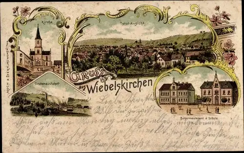 Litho Wiebelskirchen Neunkirchen im Saarland, Bürgermeisteramt, Schule, Grubeneinfahrt, Kirche