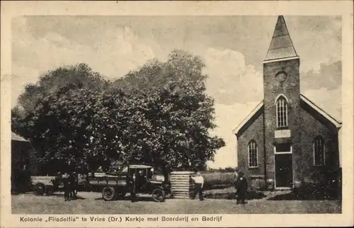 Ak Vries Tynaarlo Drenthe, Kolonie Filadelfia, Kirche, Bauernhof