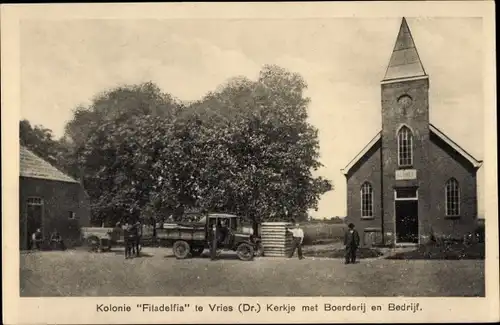 Ak Vries Tynaarlo Drenthe, Kolonie Filadelfia, Kirche, Bauernhof