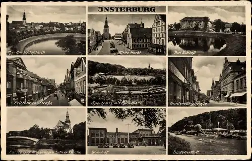 Ak Tschernjachowsk Insterburg Ostpreußen, Alter Markt, Bahnhof, Schloss, Badeanstalt