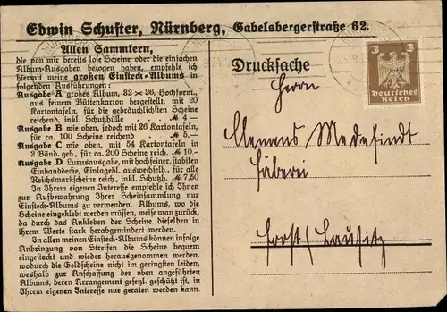Ak Nürnberg in Mittelfranken Bayern, Edwin Schuster, Gabelsbergerstr. 62, Reichsmarkscheine,Angebot