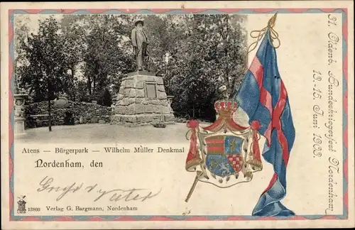 Wappen Ak Nordenham in Oldenburg Niedersachsen, Bürgerpark, Wilhelm Müller Denkmal,Schützenfest 1903