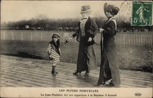 Ak Les Modes Nouvelles, Rock Pants, Frauen in Hosenkleidern auf der Rennbahn, Reunion d'Auteuil