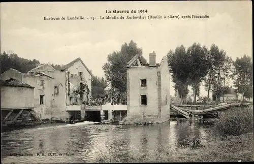 Ak Xerbeviller Luneville Umgebung Lothringen Meurthe et Moselle, Mühle nach dem Brand