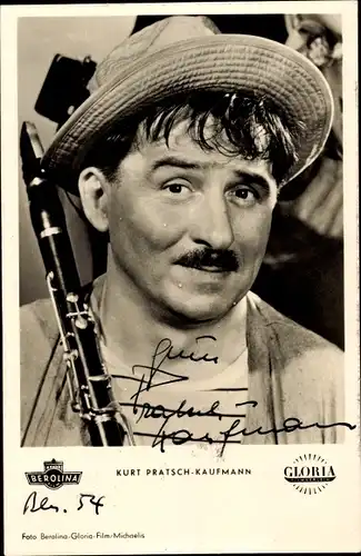Ak Schauspieler Kurt Pratsch-Kaufmann, Portrait, Hut, Musikinstrument, Autogramm