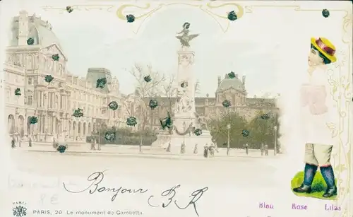 Glitzer Ak Paris XX., Denkmal für Léon Gambetta