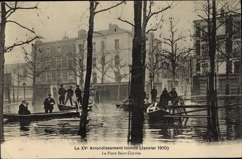 Postkarte Paris XV Vaugirard, Place Saint Charles, Die große Seineflut Januar 1910