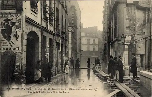 Postkarte Paris-V, Rue de la Bûcherie, Die große Seine-Flut Januar 1910