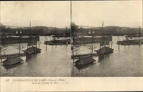 Stereo Ak Paris VII, Bahnhof Champ de Mars, Die Große Seine-Flut Januar 1910