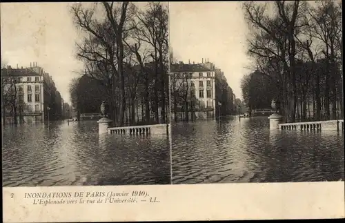 Stereo Ak Paris, Überschwemmungen von Paris, Januar 1910, L'Esplande in Richtung Rue de l'Universite