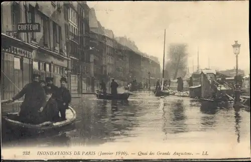 Postkarte Paris VI, Quai des Grands Augustins, Die große Seine-Flut Januar 1910