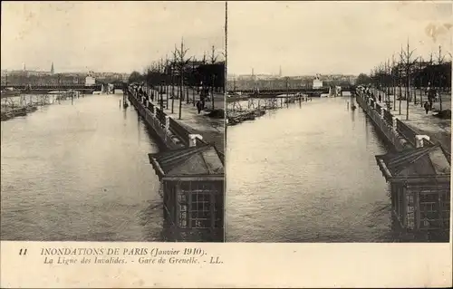 Postkarte Paris XV Vaugirard, Gare de Grenelle, Line des Invalides, Große Seineflut Januar 1910