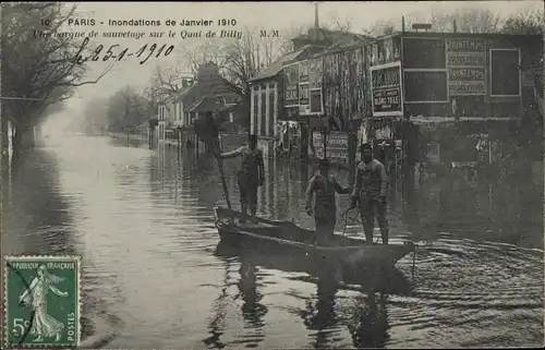 Postkarte Paris IV, Quai de Billy, Die große Seine-Flut Januar 1910