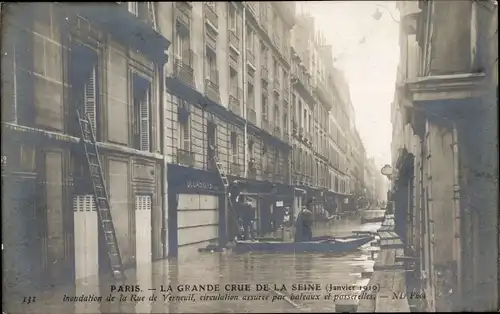 Postkarte Paris VII, Rue de Verneuil, Die große Seine-Flut Januar 1910