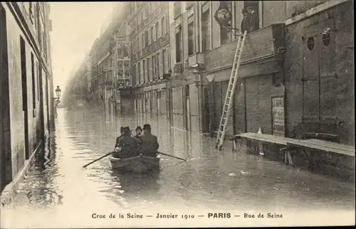 Postkarte Paris VI, Rue de Seine, Die große Seineflut Januar 1910