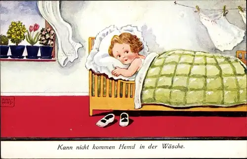 Künstler Ak Wills, John, Kann nicht kommen, Hemd in der Wäsche, Mädchen im Bett