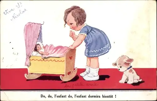 Künstler Ak Wills, John, Mädchen mit Puppenwiege, Hund