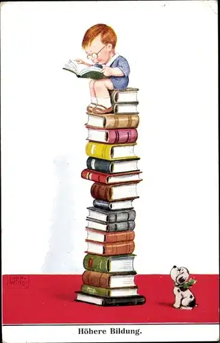 Künstler Ak Wills, John, Höhere Bildung, Junge auf einem hohen Bücherstapel, Hund