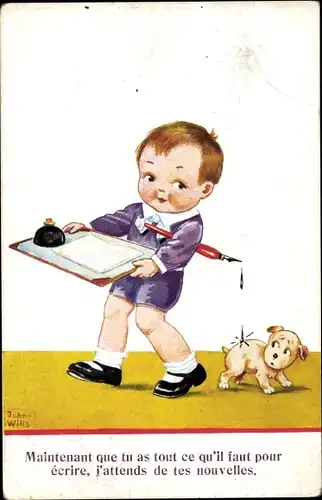 Künstler Ak Wills, John, Junge mit Feder und Tintenfass, Hund