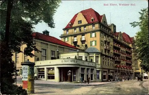 Ak Bad Elster im Vogtland, Wettiner Hof, Palast-Kaffee, Litfaßsäule