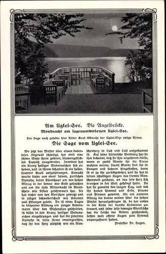 Mondschein Ak Eutin in Ostholstein, Ukleisee, Angelbrücke, Die Sage vom Uglei-See