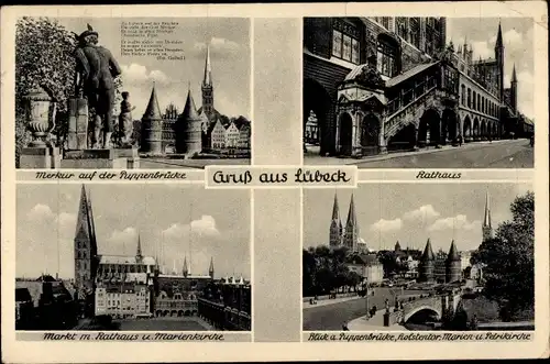 Ak Hansestadt Lübeck, Merkur, Puppenbrücke, Rathaus, Marienkirche, Markt, Holstentor, Petrikirche
