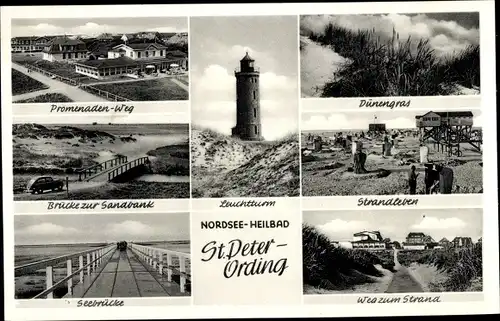 Ak Nordseebad Sankt Peter Ording, Leuchtturm, Brücke zur Sandbank, Seebrücke, Promenaden-Weg