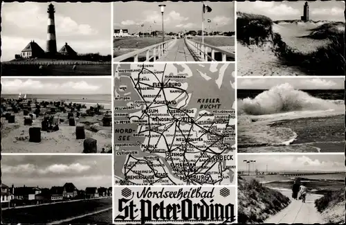 Ak Nordseebad Sankt Peter Ording, Leuchtturm, Landkarte, Teilansichten
