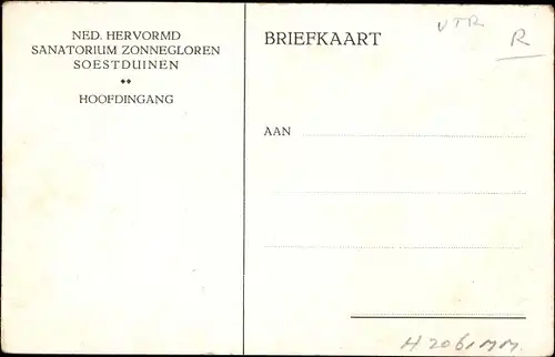 Ak Soestduinen Soest Utrecht Niederlande, Ned. Hervormd Sanatorium Zonnegloren, Hoofdingang