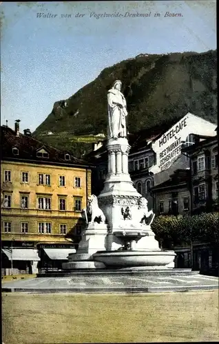Ak Bozen Bolzano Südtirol, Walter von der Vogelweide Denkmal, Hotel