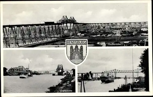 Ak Rendsburg in Schleswig Holstein, Hochbrücke, Drehbrücke, Kanalpartie, Wappen, Lastkahn