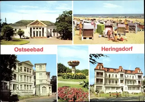 Ak Ostseebad Heringsdorf auf Usedom, Kulturhaus, Strand, FDGB-Erholungsheim Einheit, Kuranlagen