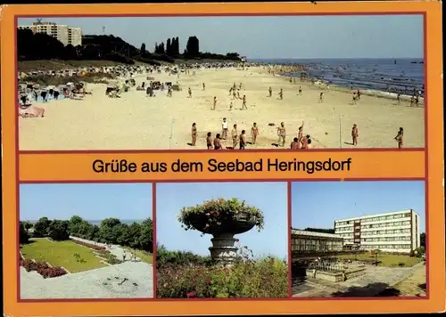 Ak Ostseebad Heringsdorf auf Usedom, Strand, Promenade, Sonnenuhr, Blumenschale