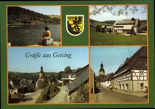 Ak Geising Altenberg im Erzgebirge, Freibad, Hüttenteich, Hauptstraße, Wappen