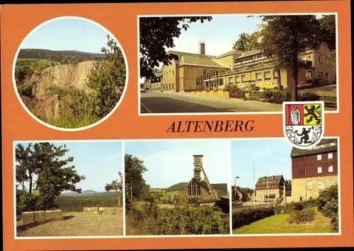 Ak Altenberg im Erzgebirge, HO-Gaststätte Knappensaal, Blick vom Kahleberg, Wappen