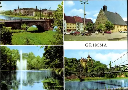Ak Grimma in Sachsen, Muldenbrücke, Rathaus, Schwanenteich, Gottersburg, Hängebrücke