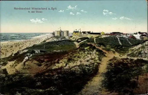 Ak Westerland auf Sylt, Dünen, Strand, Blick zum Ort