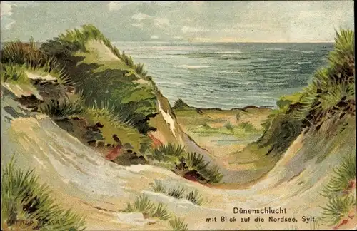 Künstler Ak Insel Sylt in Nordfriesland, Dünenschlucht, Blick auf die Nordsee