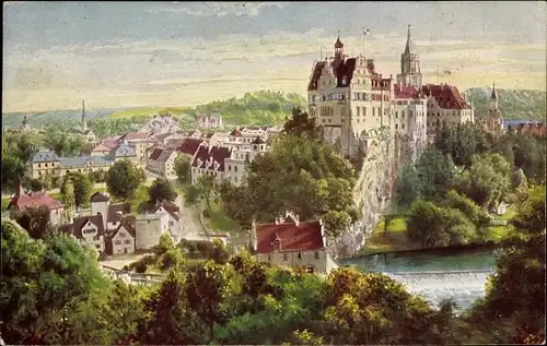 Künstler Ak Sigmaringen an der Donau, Teilansicht, Schloss