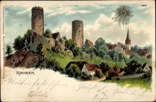 Sonnenschein Litho Kohren Sahlis Frohburg Sachsen, Totale mit Burgruine, Bruno Bürger 2032