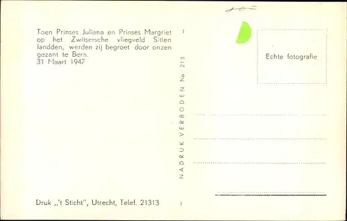 Ak Bern Schweiz, Juliana der Niederlande, Prinzessin Margriet, Flughafen Sitten 1947