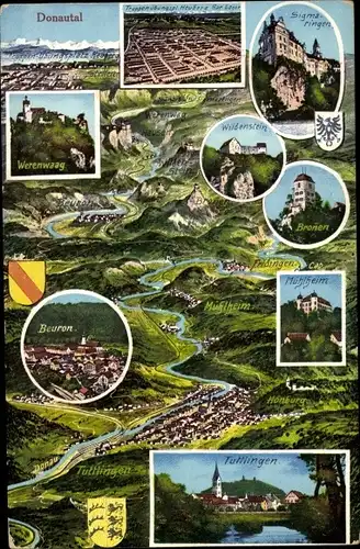 Landkarten Ak Tuttlingen im Tal der Oberen Donau, Karte mit verschiedenen Ansichten