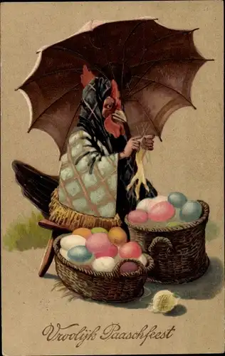 Präge Ak Glückwunsch Ostern, Huhn als Eierverkäuferin, Schirm, Stricken