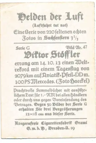 Sammelbild Helden der Luft, Serie G Bild 47 Viktor Stöffler auf Aviatik-Pfeil-DD 1913