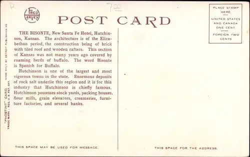 Ak Hutchinson Kansas USA, Bisonte, New Santa Fe Hotel