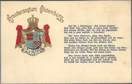 Präge Wappen Gedicht Litho Oldenburg im Großherzogtum Oldenburg, Heil dir, o Oldenburg